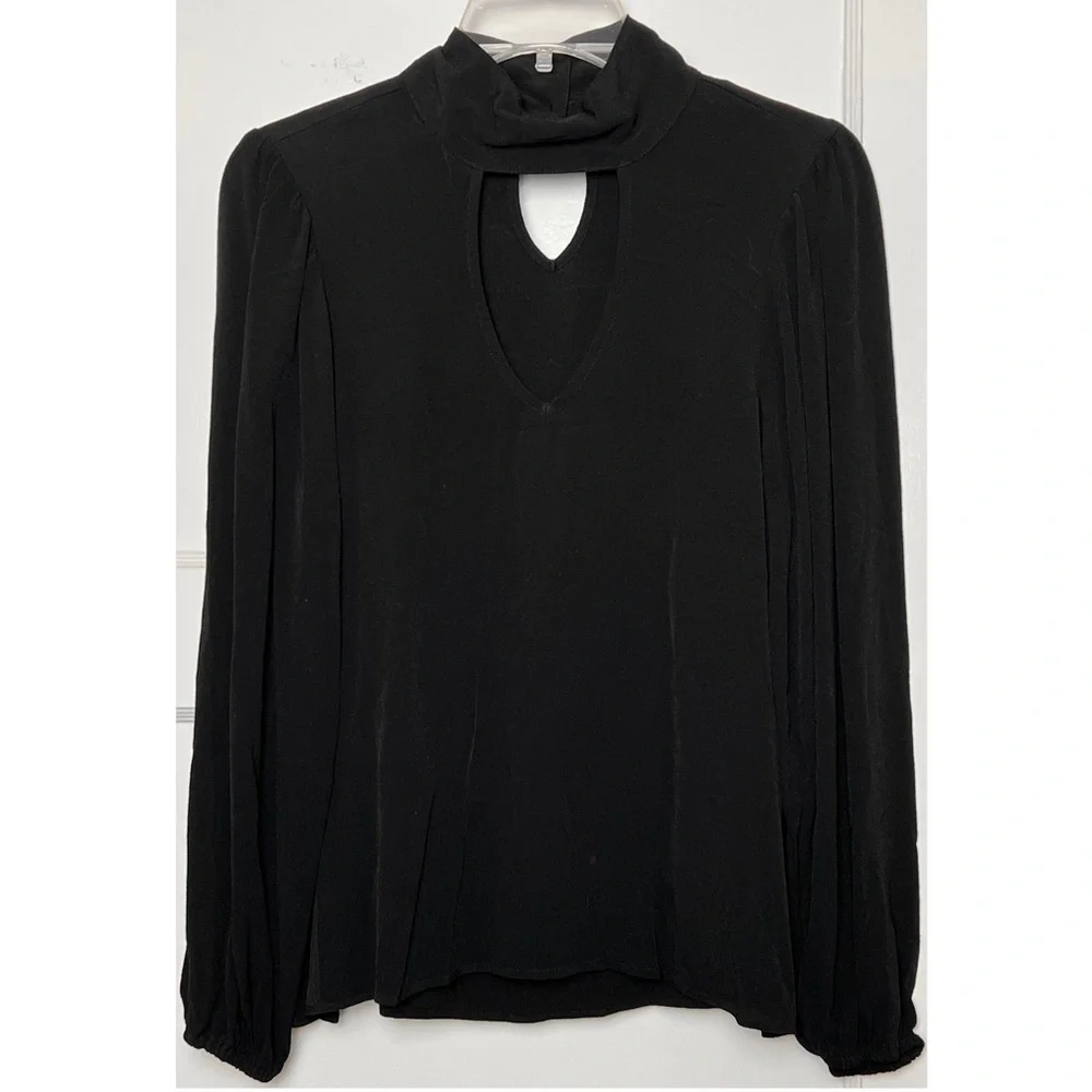 FLYNN SKYE 70s High Neck Front &‎ Back Cutout Long Puffed Sleeve Crepe Blouse M